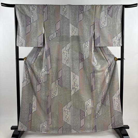 【美品】 小紋 身長163cm 袖長65cm M 雙層 梅花 椿 灰 純蠶絲 秀品級
