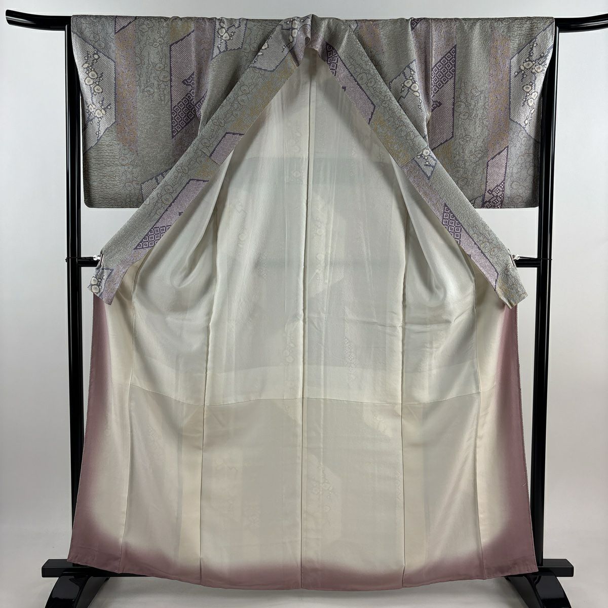 【美品】 小紋 身長163cm 袖長65cm M 雙層 梅花 椿 灰 純蠶絲 秀品級