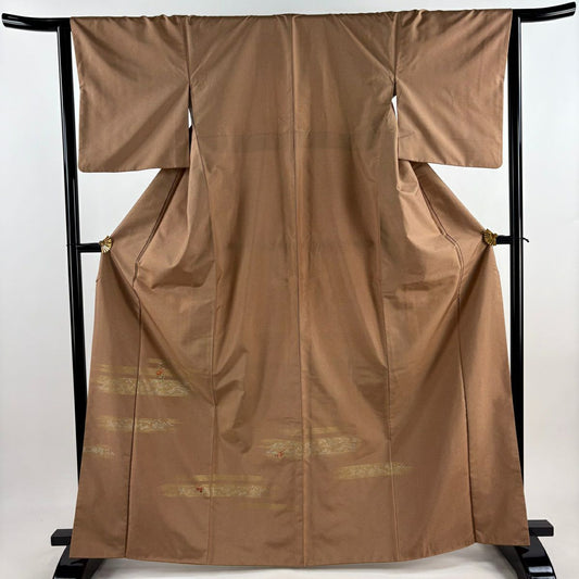 【美品】 付下 身長166cm 袖長63.5cm S 雙層 紬織織 草花紋紋 霞 金絲 刺繡 淺橙 純蠶絲 優品級