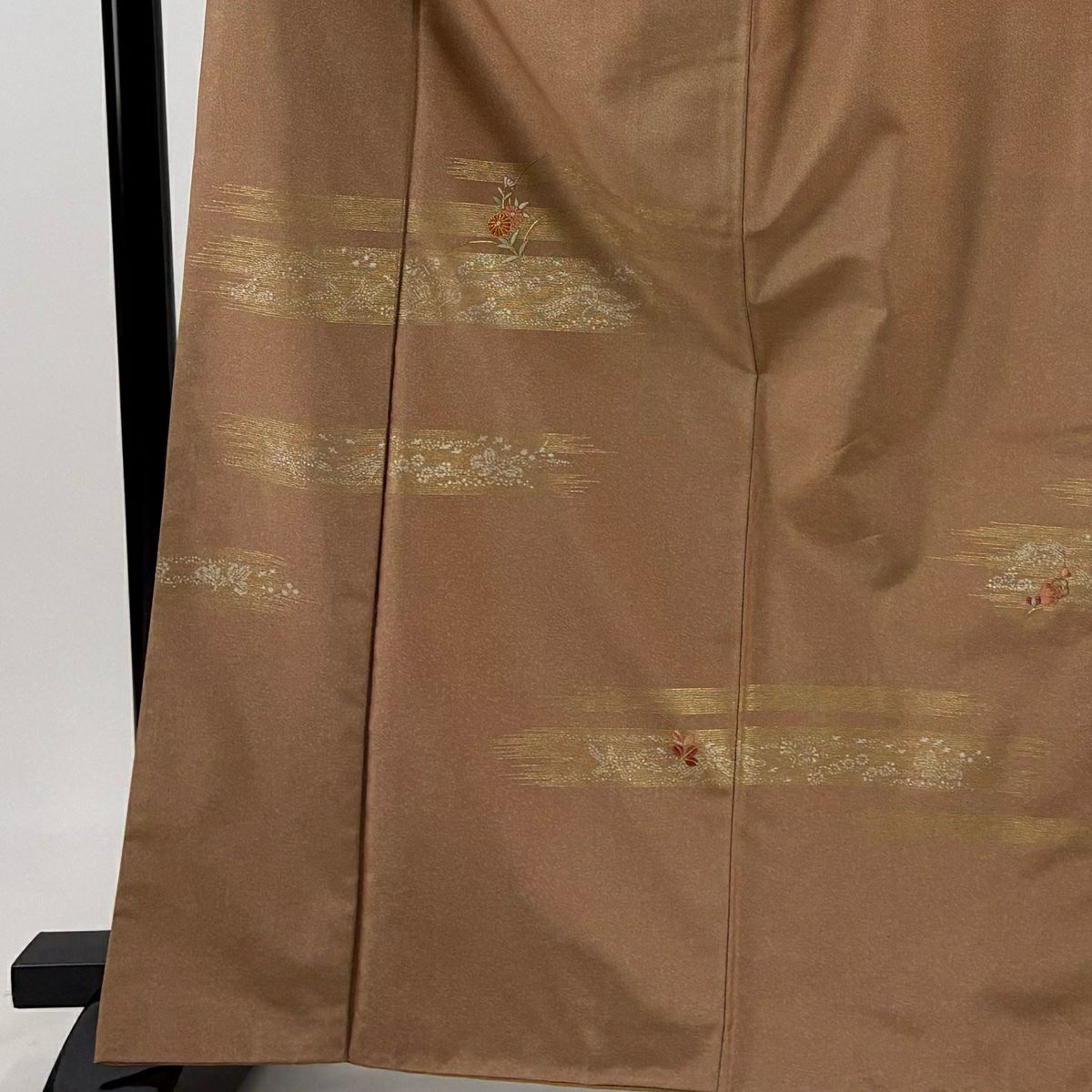 【美品】 付下 身長166cm 袖長63.5cm S 雙層 紬織織 草花紋紋 霞 金絲 刺繡 淺橙 純蠶絲 優品級