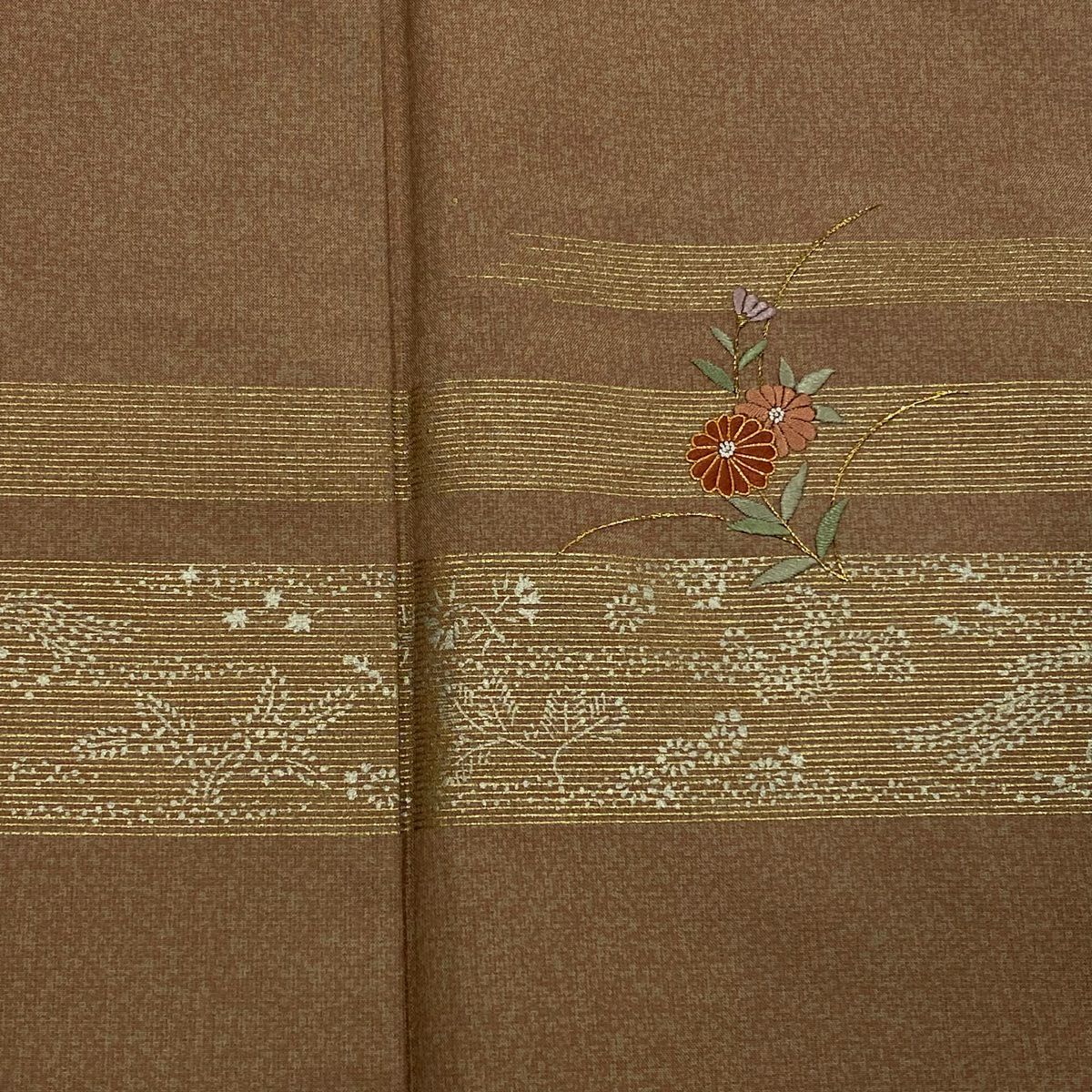 【美品】 付下 身長166cm 袖長63.5cm S 雙層 紬織織 草花紋紋 霞 金絲 刺繡 淺橙 純蠶絲 優品級