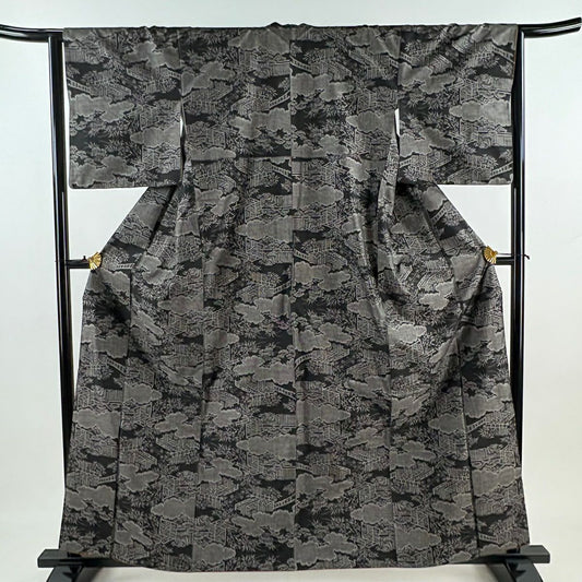【美品】 紬織 身長161cm 袖長63cm S 雙層 雲文 草花紋 墨 純蠶絲 秀品級