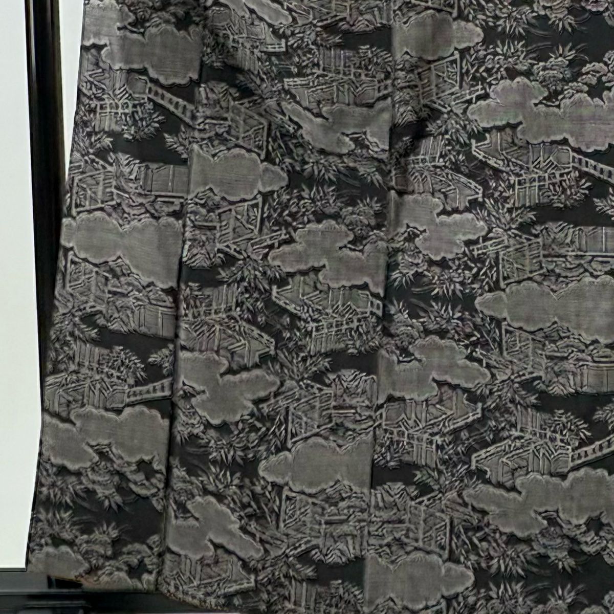 【美品】 紬織 身長161cm 袖長63cm S 雙層 雲文 草花紋 墨 純蠶絲 秀品級