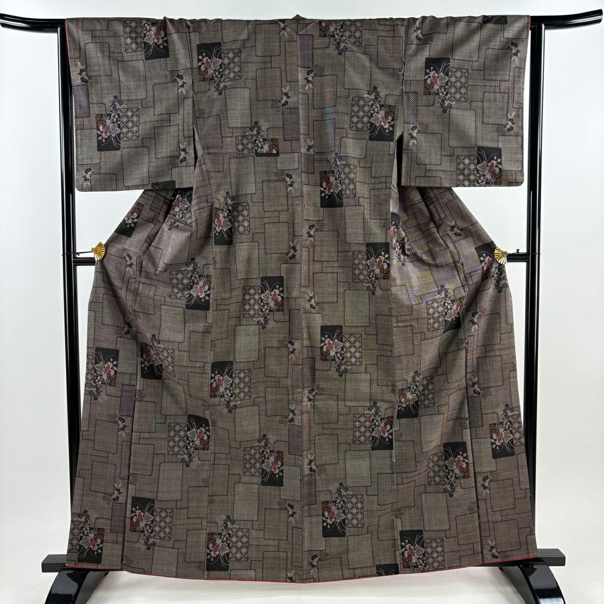 【美品】 紬織 身長163.5cm 袖長63.5cm S 雙層 色紙 草花紋紋 焦茶 純蠶絲 秀品級