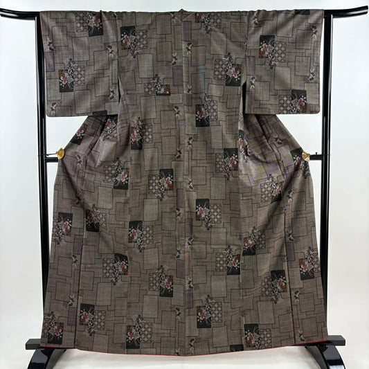 【美品】 紬織 身長163.5cm 袖長63.5cm S 雙層 色紙 草花紋紋 焦茶 純蠶絲 秀品級