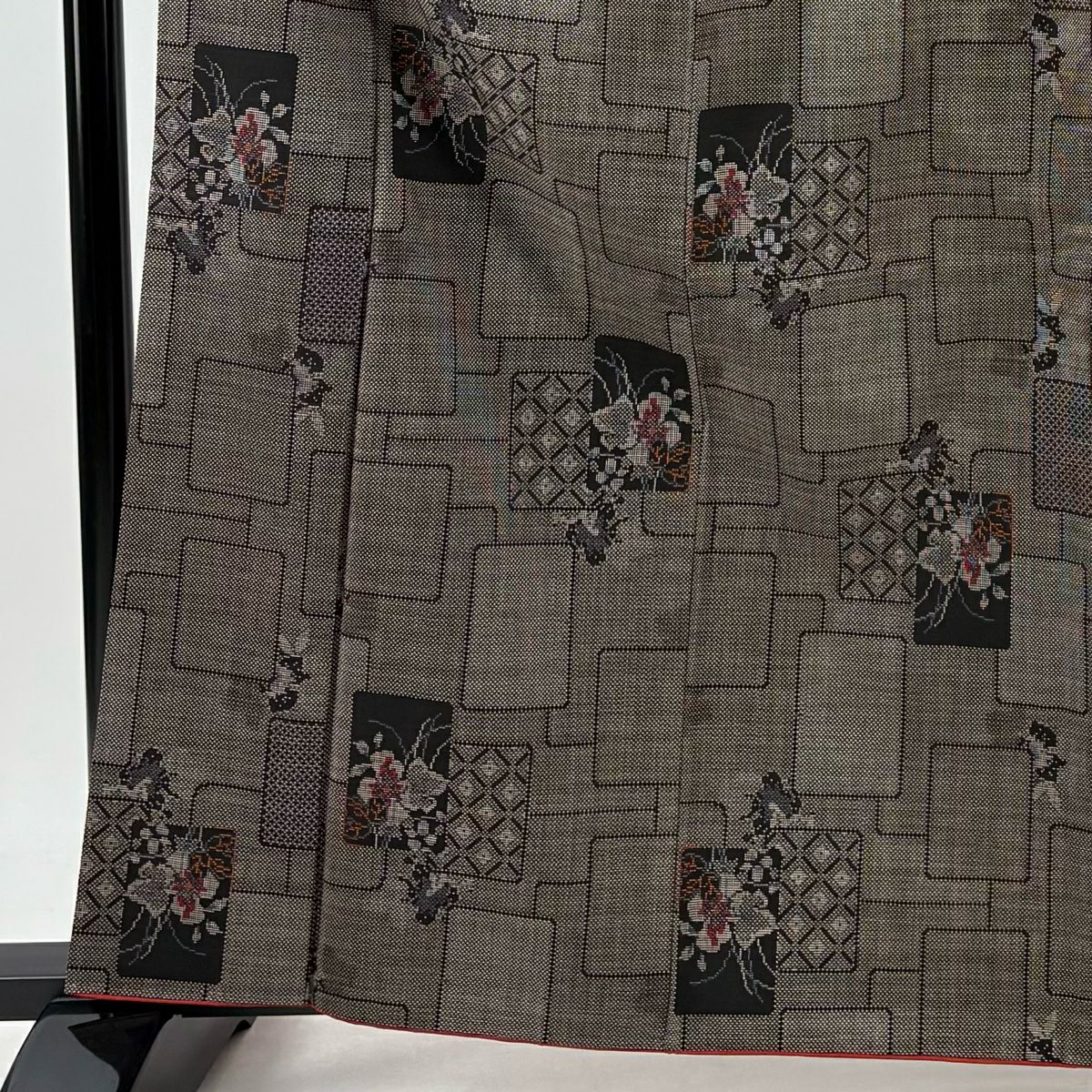 【美品】 紬織 身長163.5cm 袖長63.5cm S 雙層 色紙 草花紋紋 焦茶 純蠶絲 秀品級