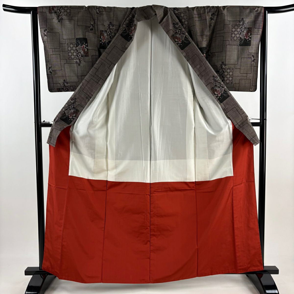 【美品】 紬織 身長163.5cm 袖長63.5cm S 雙層 色紙 草花紋紋 焦茶 純蠶絲 秀品級