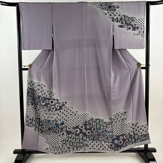 訪問服 身長157.5cm 袖長63cm S 雙層 ヱ霞 草花紋紋 淺紫 純蠶絲 優品級