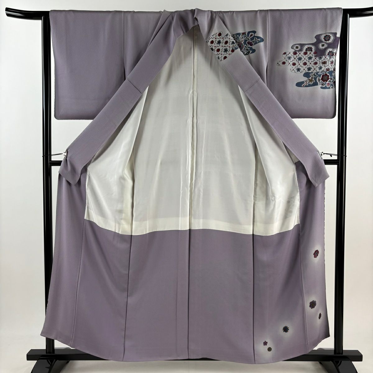 訪問服 身長157.5cm 袖長63cm S 雙層 ヱ霞 草花紋紋 淺紫 純蠶絲 優品級