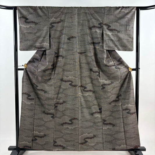 紬織 身長160cm 袖長62cm S 雙層 雲紋 焦茶 純蠶絲 秀品級