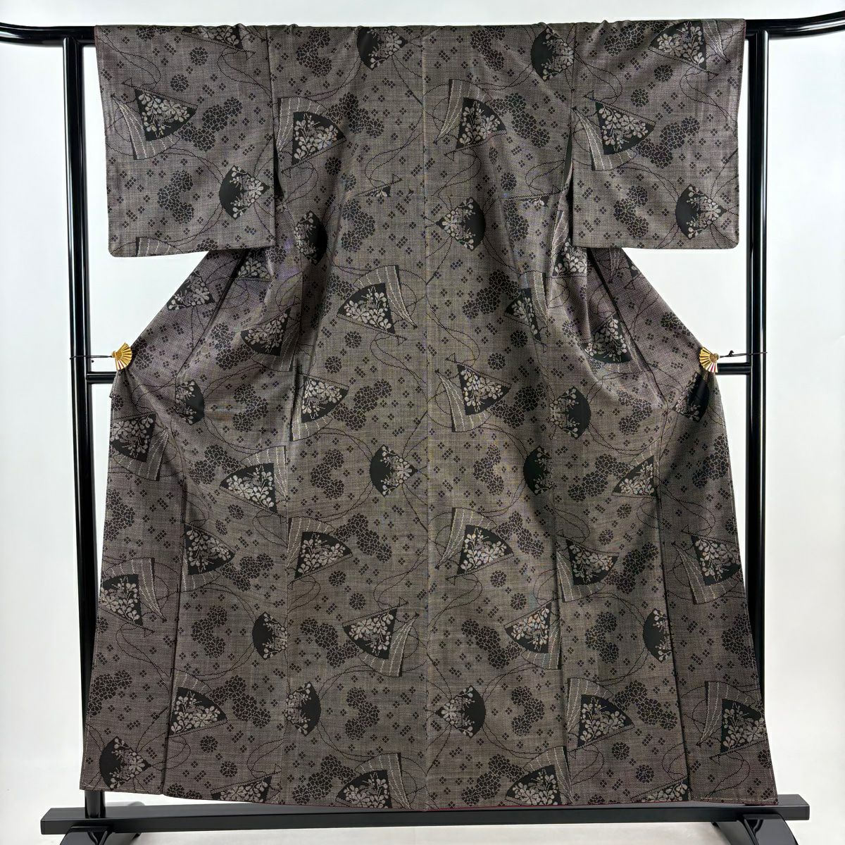 【美品】 紬織 身長157cm 袖長61.5cm S 雙層 扇子 菊花 焦茶 純蠶絲 秀品級