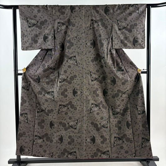 【美品】 紬織 身長157cm 袖長61.5cm S 雙層 扇子 菊花 焦茶 純蠶絲 秀品級