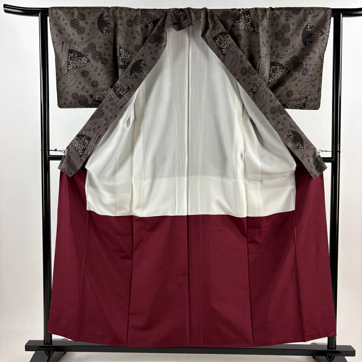 【美品】 紬織 身長157cm 袖長61.5cm S 雙層 扇子 菊花 焦茶 純蠶絲 秀品級