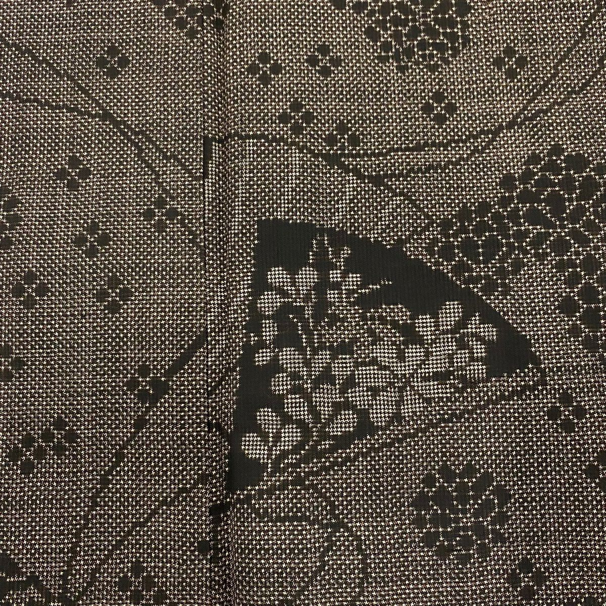 【美品】 紬織 身長157cm 袖長61.5cm S 雙層 扇子 菊花 焦茶 純蠶絲 秀品級