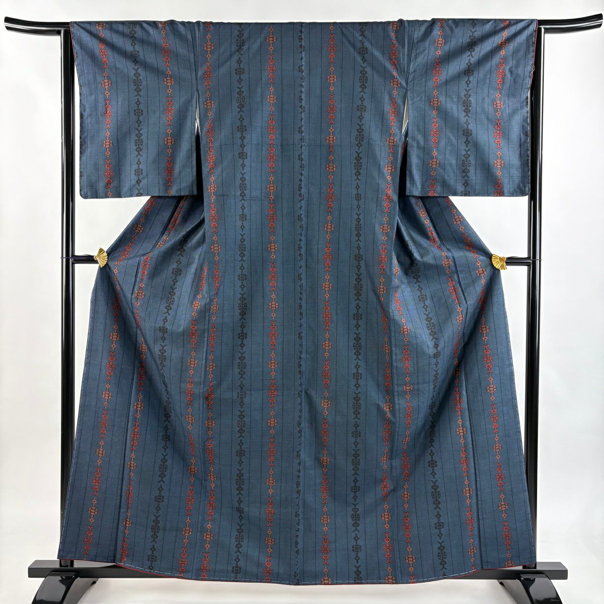 【美品】 紬織 身長161.5cm 袖長64cm M 雙層 縱條 草花紋紋 深藍 純蠶絲 秀品級