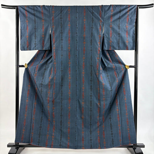 【美品】 紬織 身長161.5cm 袖長64cm M 雙層 縱條 草花紋紋 深藍 純蠶絲 秀品級