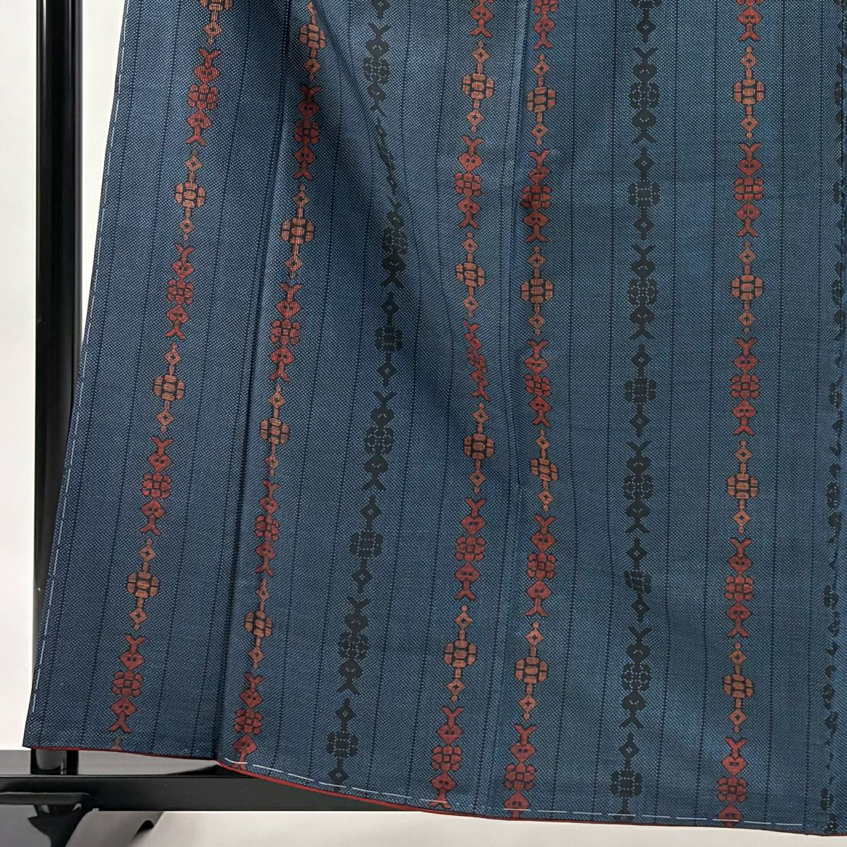 【美品】 紬織 身長161.5cm 袖長64cm M 雙層 縱條 草花紋紋 深藍 純蠶絲 秀品級