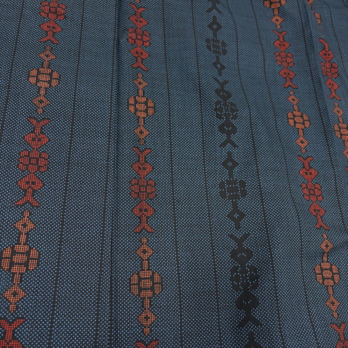 【美品】 紬織 身長161.5cm 袖長64cm M 雙層 縱條 草花紋紋 深藍 純蠶絲 秀品級