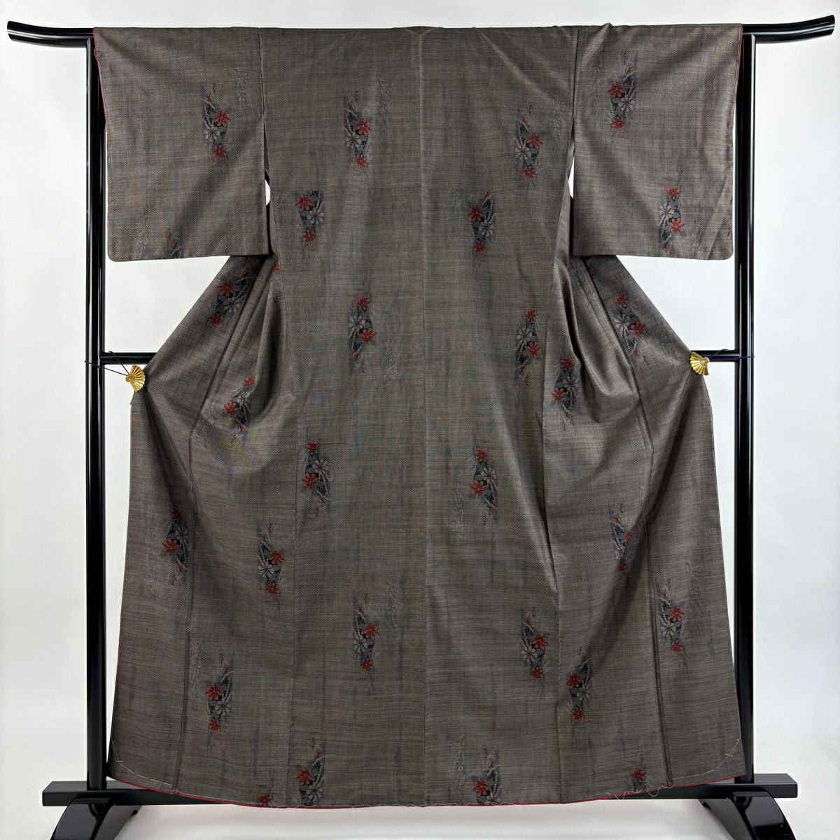 【美品】 紬織織 身長161cm 袖長64cm M 雙層 大和 草花紋紋 輪廓 焦茶 純蠶絲 優品級