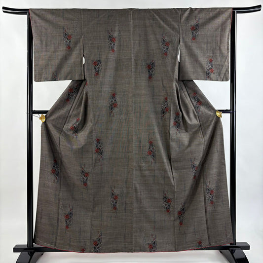 【美品】 紬織織 身長161cm 袖長64cm M 雙層 大和 草花紋紋 輪廓 焦茶 純蠶絲 優品級
