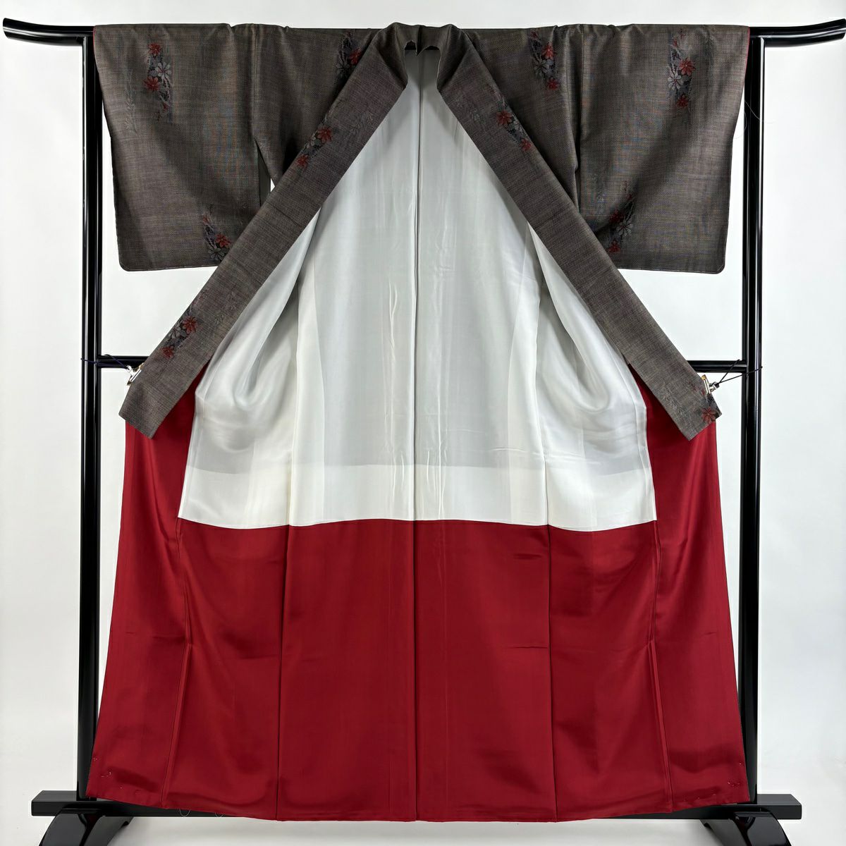 【美品】 紬織織 身長161cm 袖長64cm M 雙層 大和 草花紋紋 輪廓 焦茶 純蠶絲 優品級