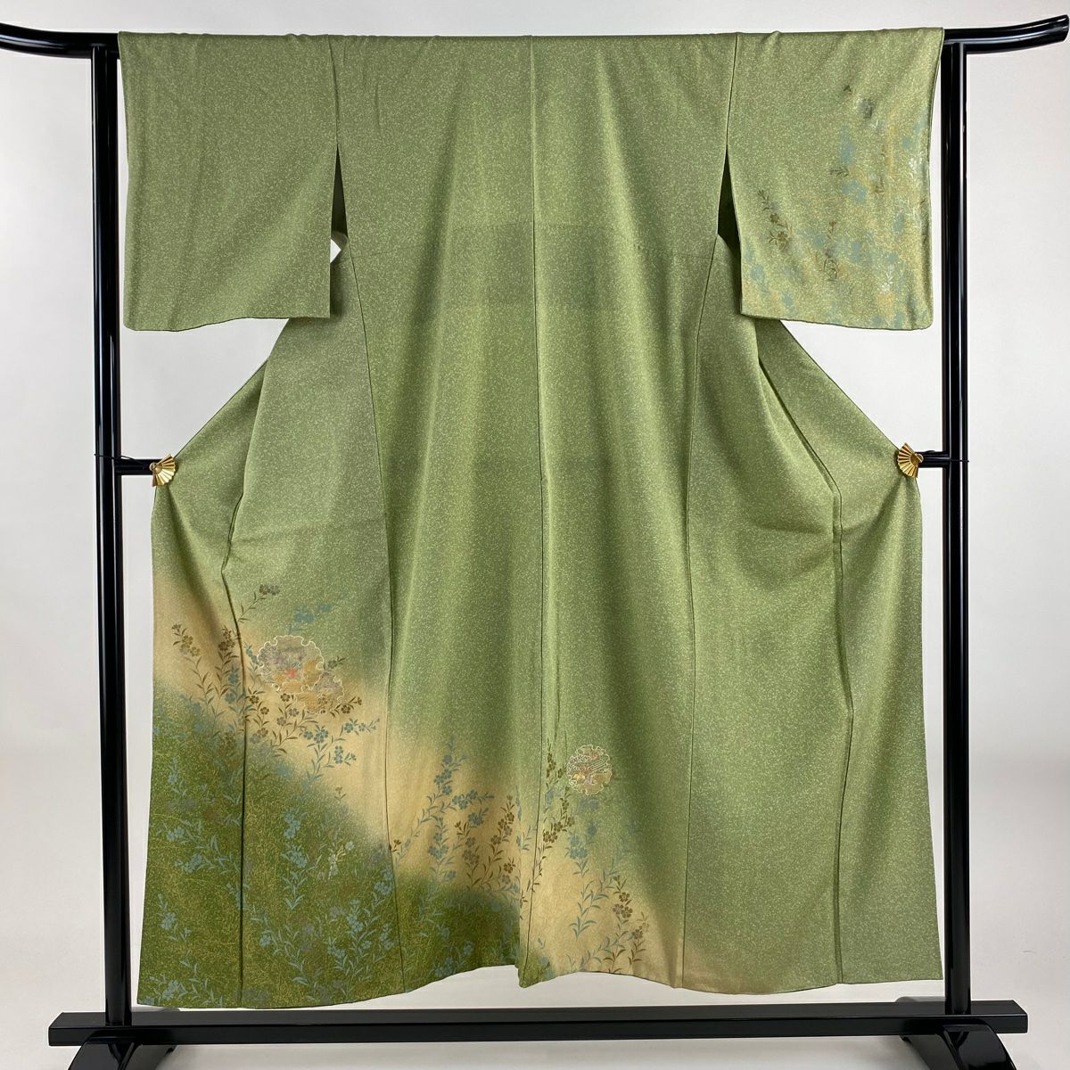 訪問服 身長153cm 袖長64cm M 雙層 雪輪 草花紋紋 刺繡 金銀彩 艾草色 純蠶絲 秀品級