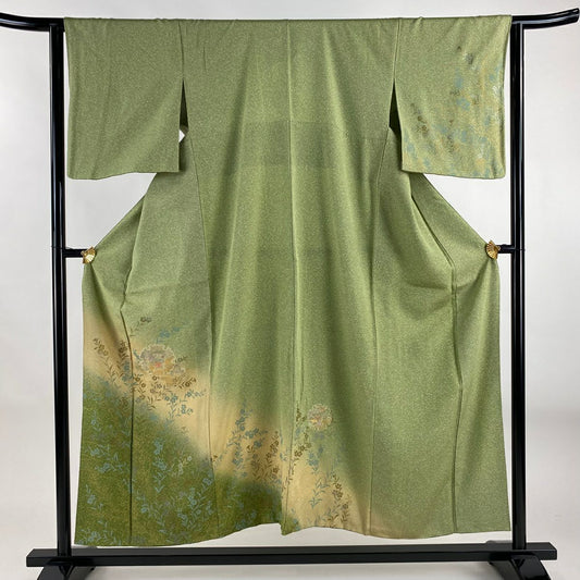 訪問服 身長153cm 袖長64cm M 雙層 雪輪 草花紋紋 刺繡 金銀彩 艾草色 純蠶絲 秀品級