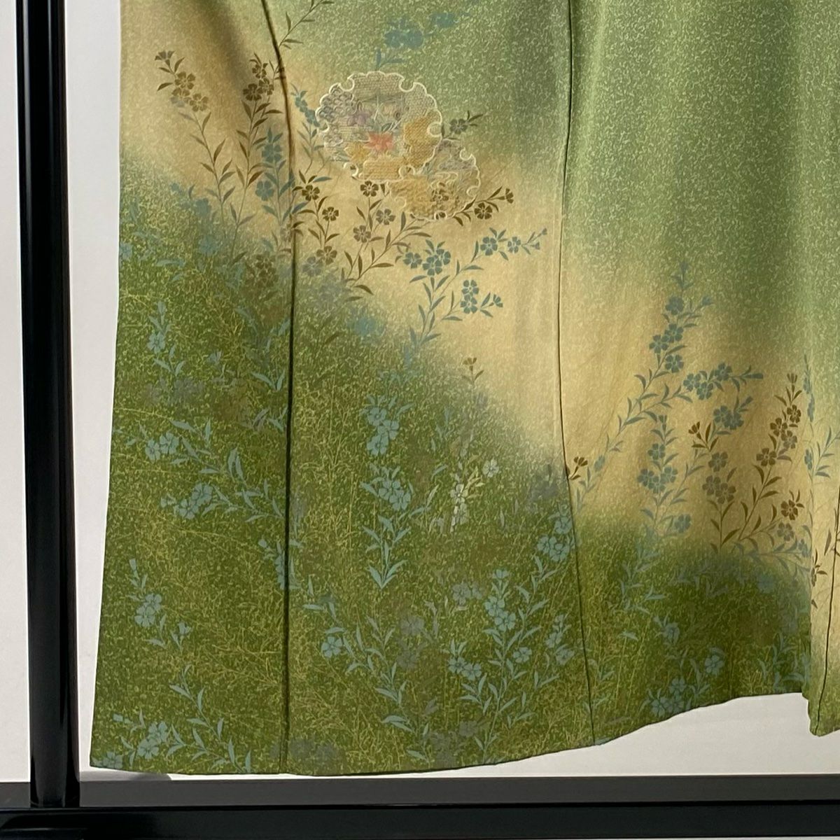 訪問服 身長153cm 袖長64cm M 雙層 雪輪 草花紋紋 刺繡 金銀彩 艾草色 純蠶絲 秀品級