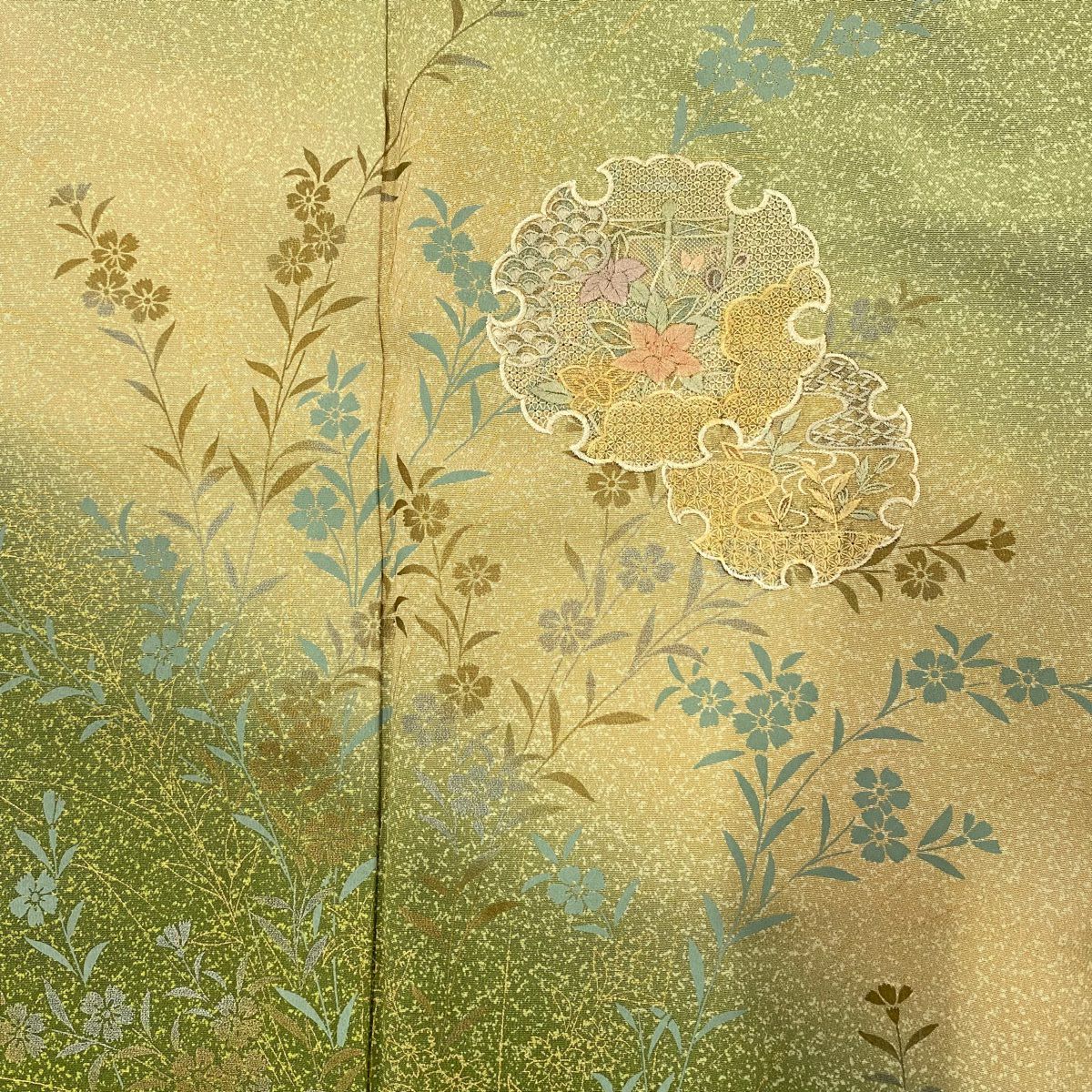 訪問服 身長153cm 袖長64cm M 雙層 雪輪 草花紋紋 刺繡 金銀彩 艾草色 純蠶絲 秀品級