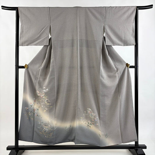 付下 身長155cm 袖長62.5cm S 雙層 扇子 草花紋刺繡 金銀彩 灰紫 純蠶絲 秀品級