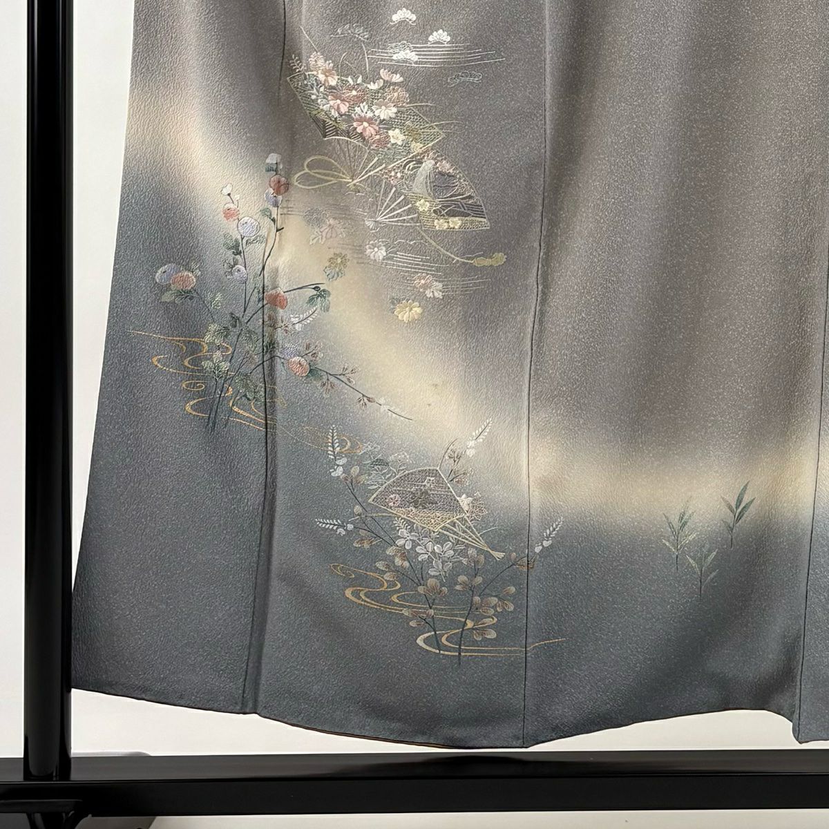 付下 身長155cm 袖長62.5cm S 雙層 扇子 草花紋刺繡 金銀彩 灰紫 純蠶絲 秀品級