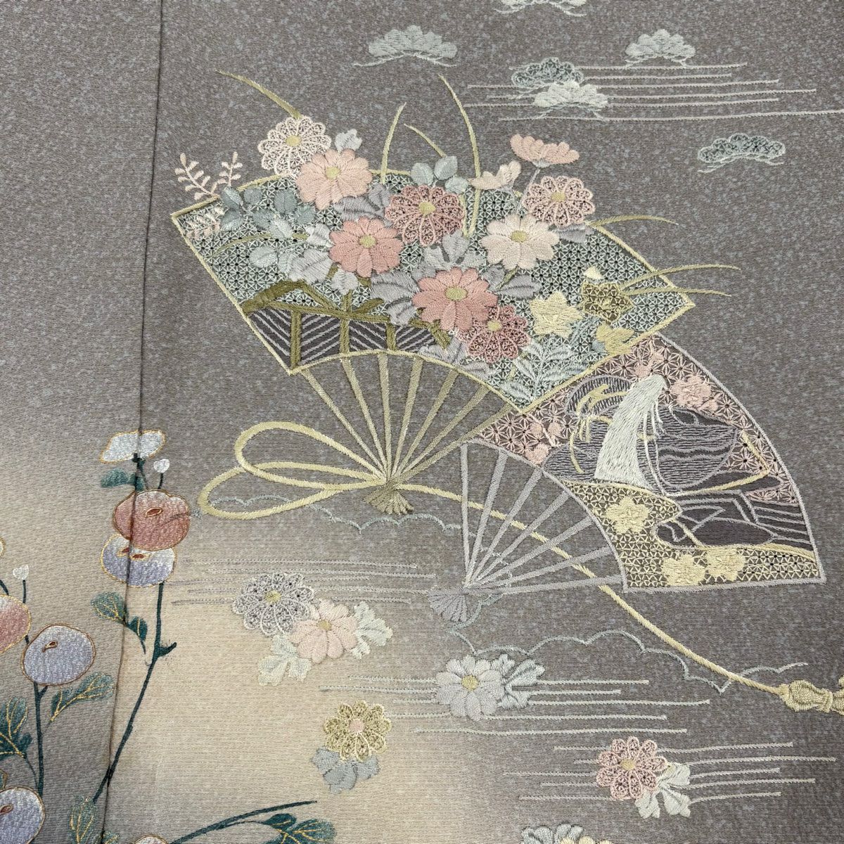 付下 身長155cm 袖長62.5cm S 雙層 扇子 草花紋刺繡 金銀彩 灰紫 純蠶絲 秀品級