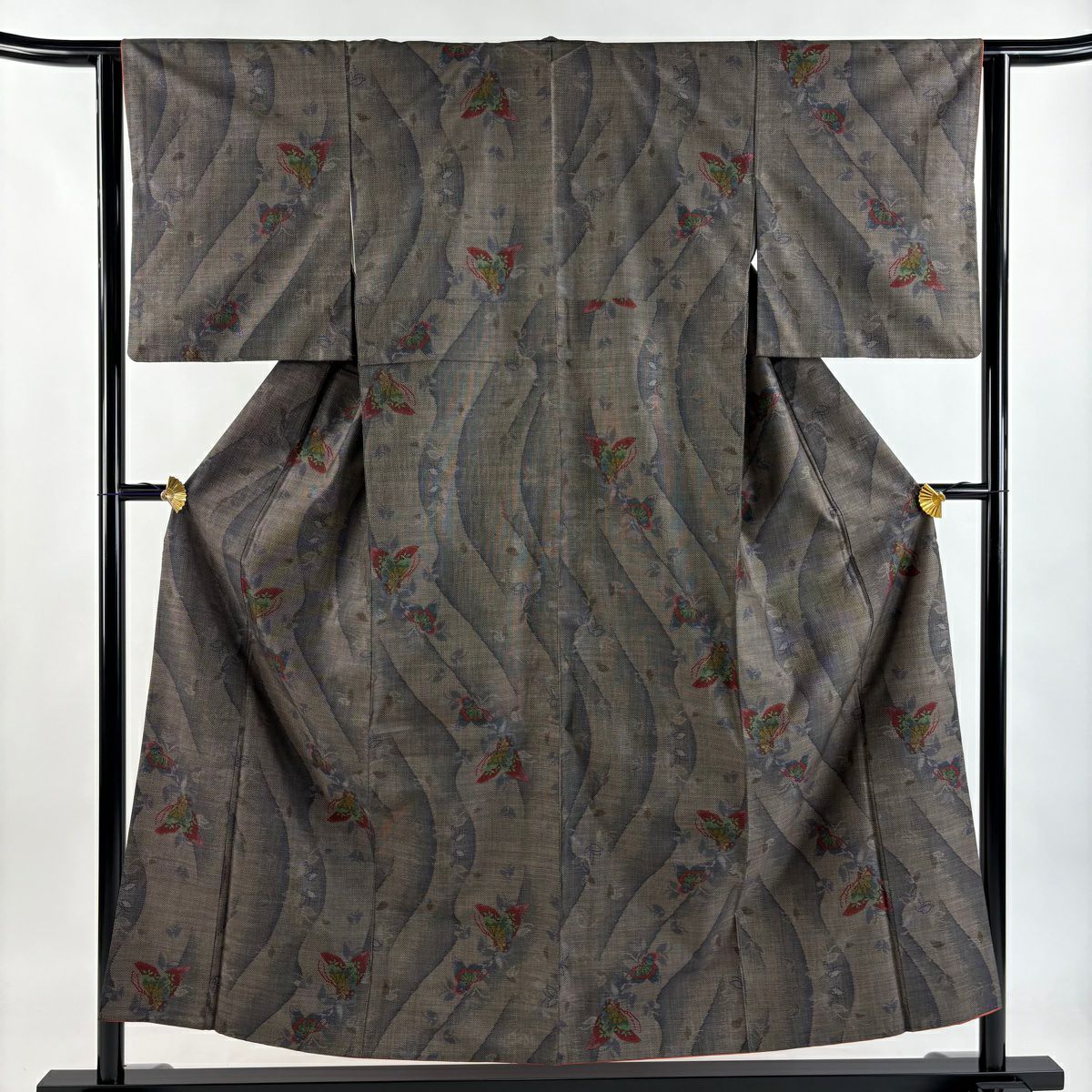 【美品】 紬織 身長155cm 袖長62cm S 雙層 蝶 幾何圖案 焦茶 純蠶絲 秀品級