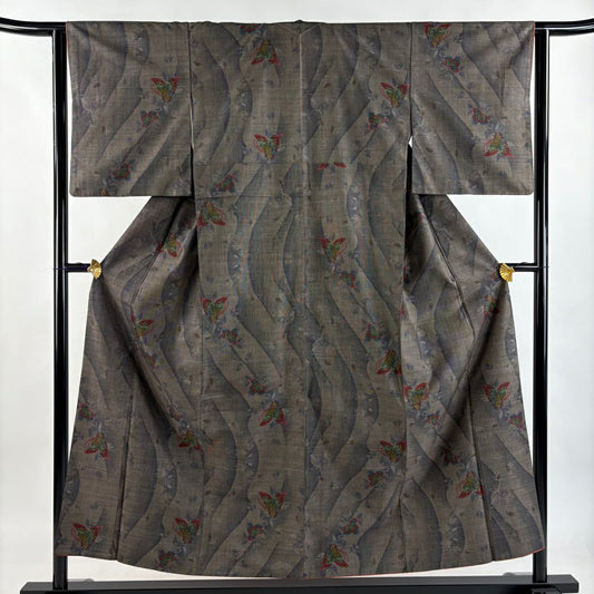 【美品】 紬織 身長155cm 袖長62cm S 雙層 蝶 幾何圖案 焦茶 純蠶絲 秀品級