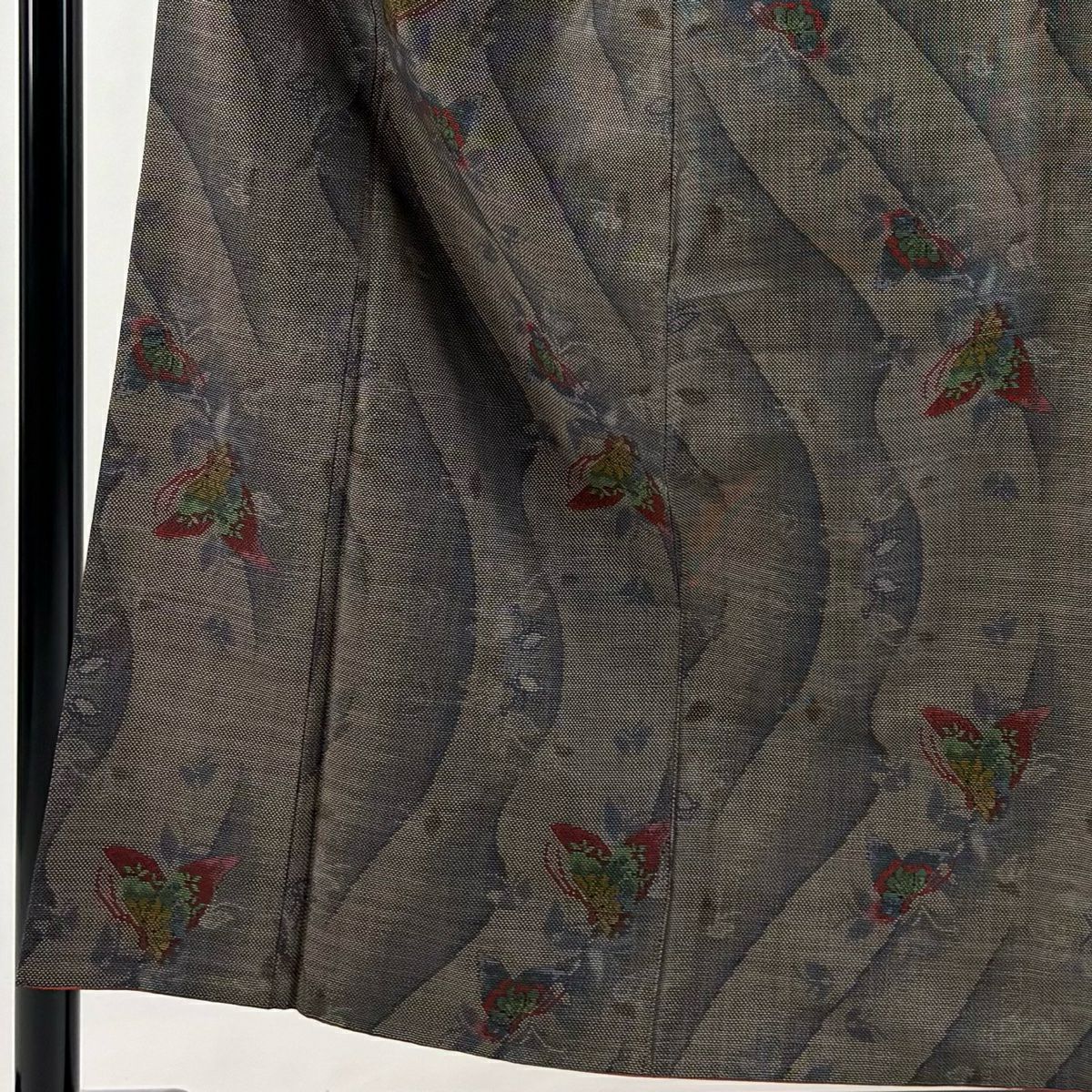 【美品】 紬織 身長155cm 袖長62cm S 雙層 蝶 幾何圖案 焦茶 純蠶絲 秀品級