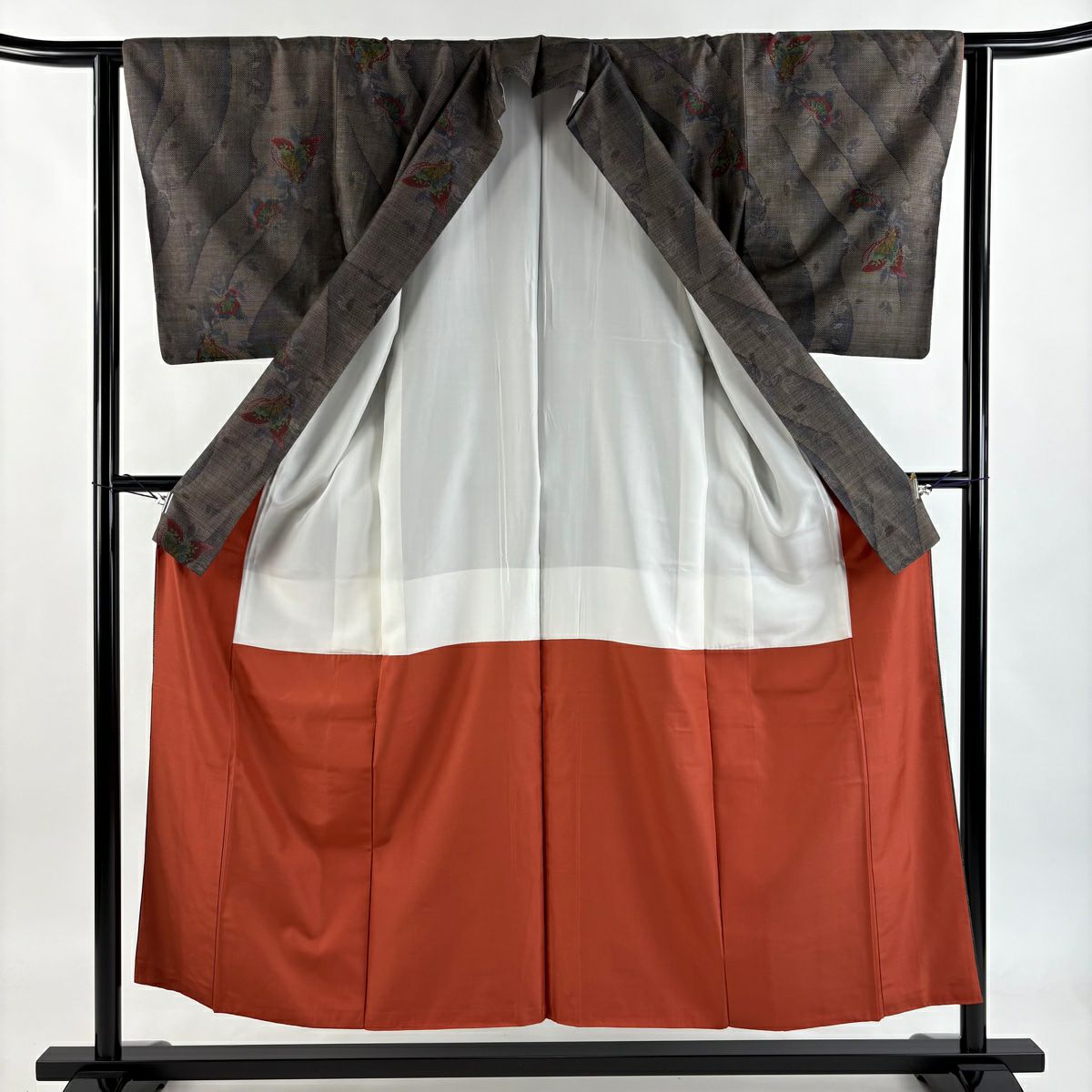 【美品】 紬織 身長155cm 袖長62cm S 雙層 蝶 幾何圖案 焦茶 純蠶絲 秀品級