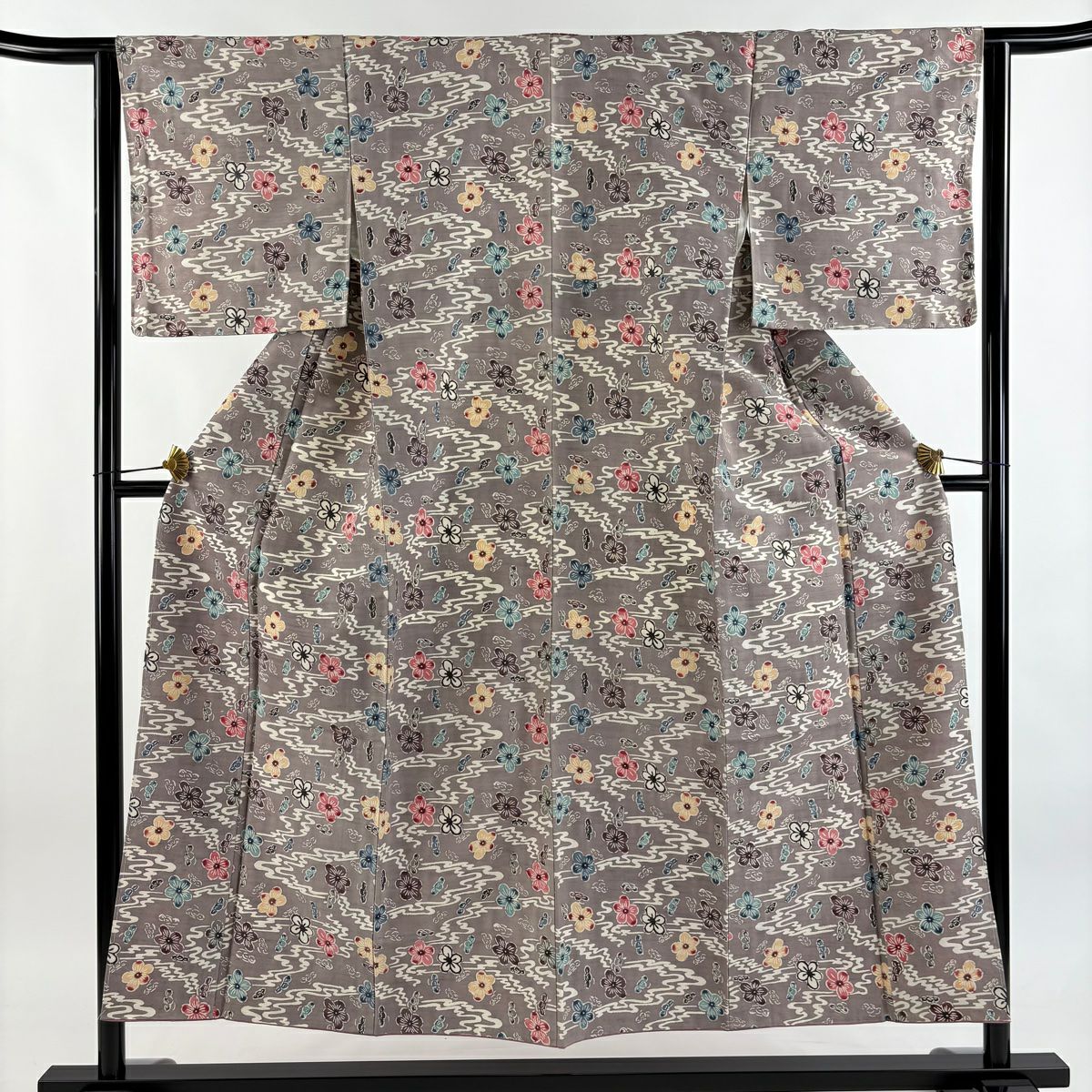 【美品】 小紋 身長151.5cm 袖長63cm S 雙層 紬織織 梅花 流水 灰紫 純蠶絲 秀品級