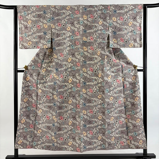 【美品】 小紋 身長151.5cm 袖長63cm S 雙層 紬織織 梅花 流水 灰紫 純蠶絲 秀品級