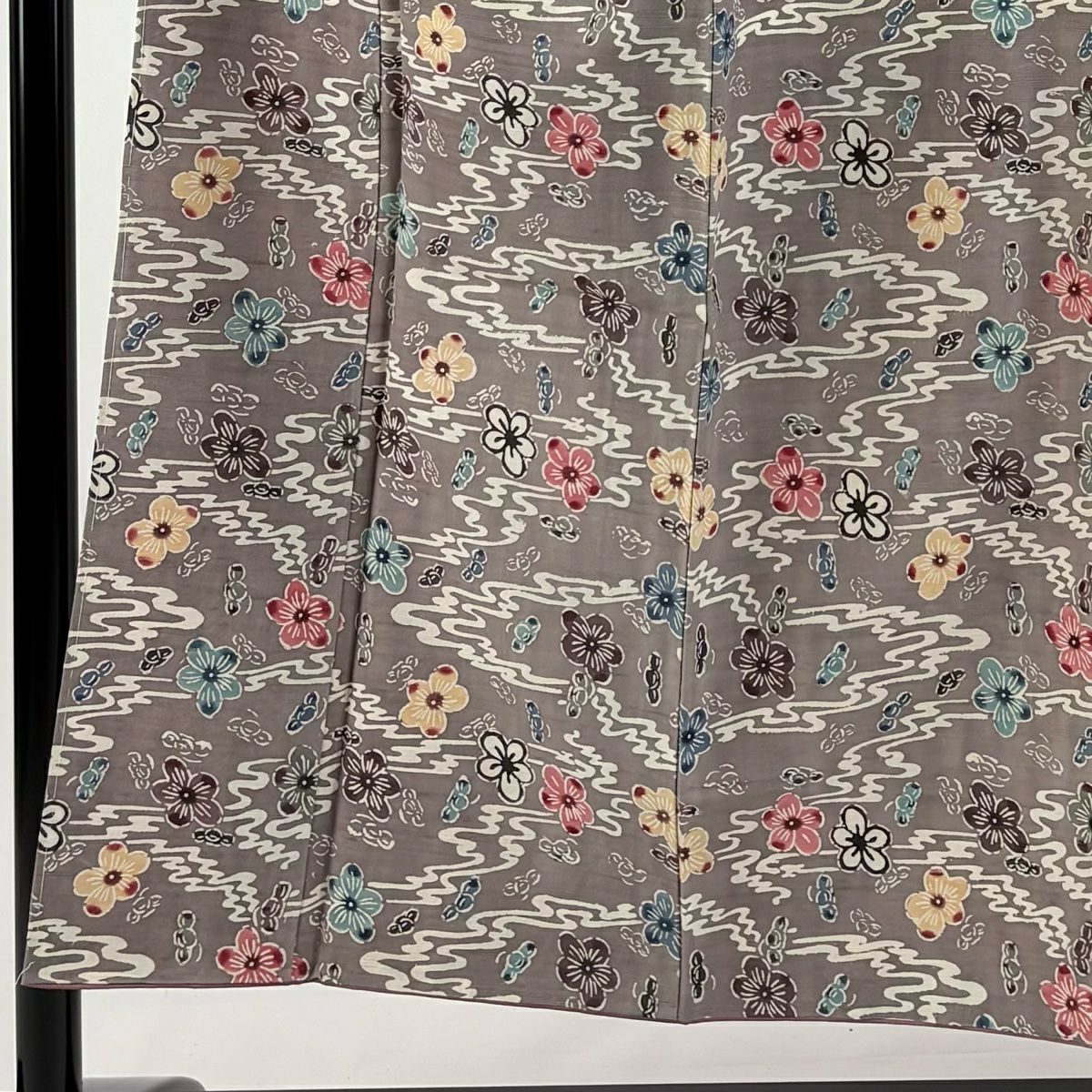 【美品】 小紋 身長151.5cm 袖長63cm S 雙層 紬織織 梅花 流水 灰紫 純蠶絲 秀品級