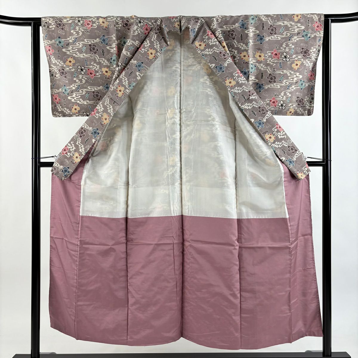 【美品】 小紋 身長151.5cm 袖長63cm S 雙層 紬織織 梅花 流水 灰紫 純蠶絲 秀品級