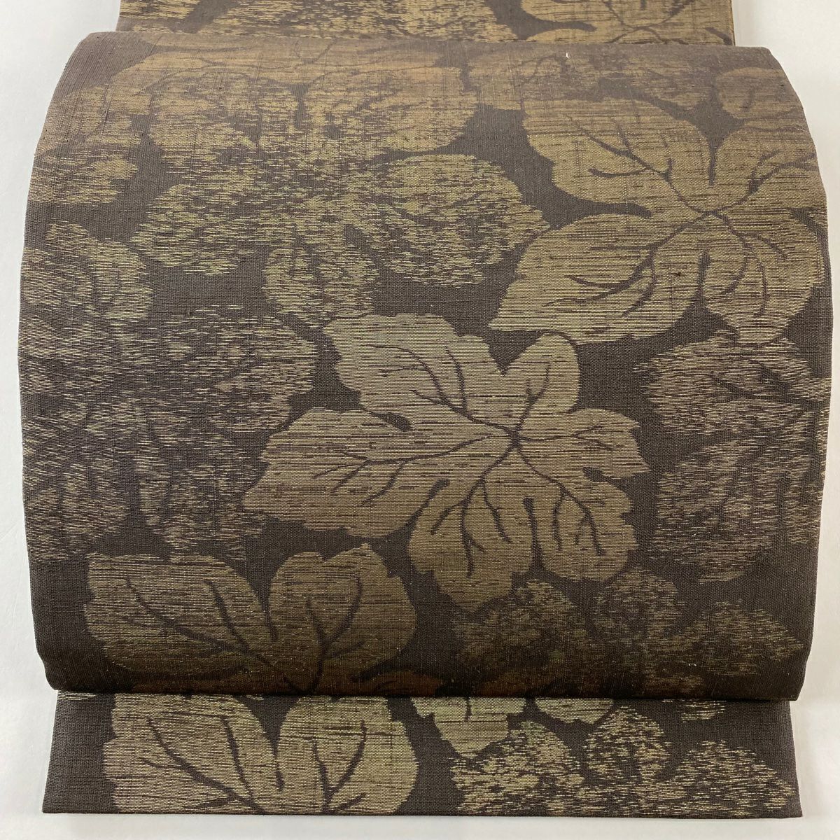 【美品】 袋帶 名品級 附落款 葉柄 金金箔 焦茶 全通 純蠶絲