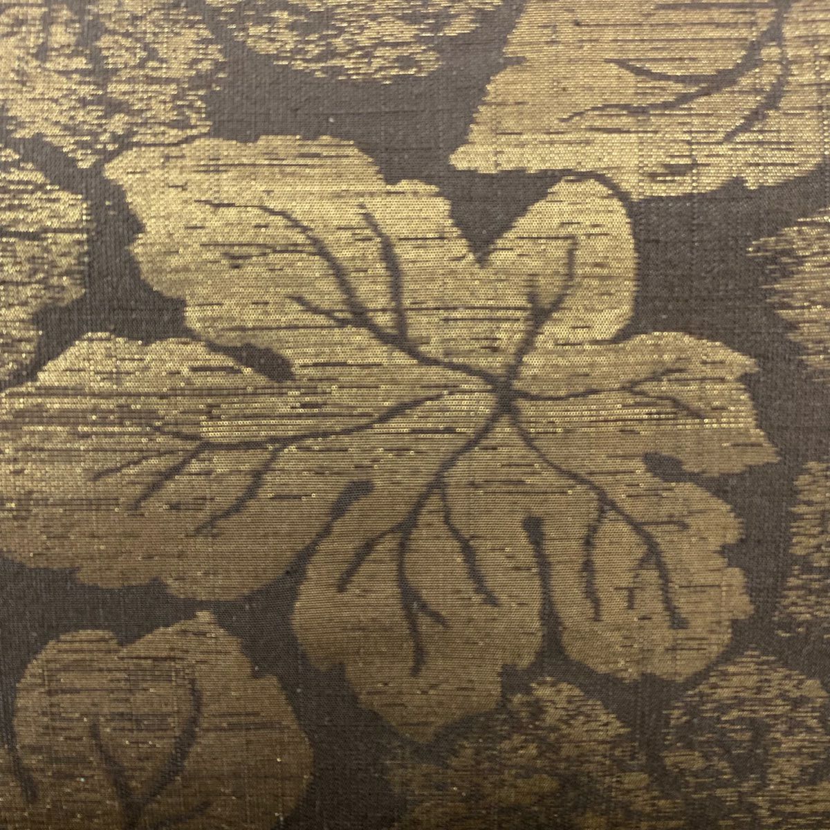 【美品】 袋帶 名品級 附落款 葉柄 金金箔 焦茶 全通 純蠶絲