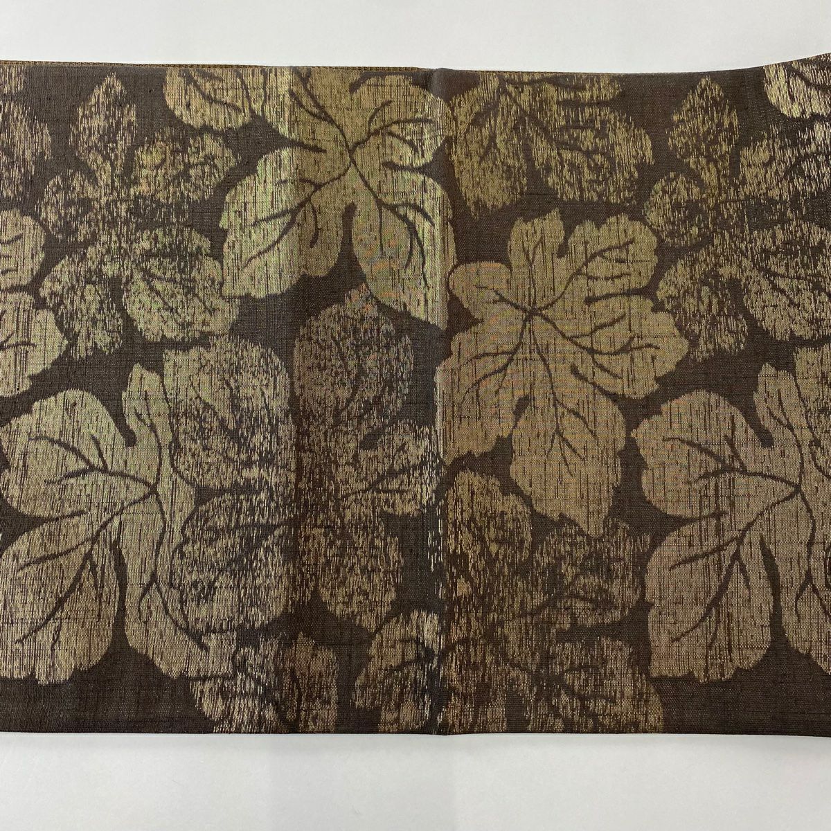 【美品】 袋帶 名品級 附落款 葉柄 金金箔 焦茶 全通 純蠶絲