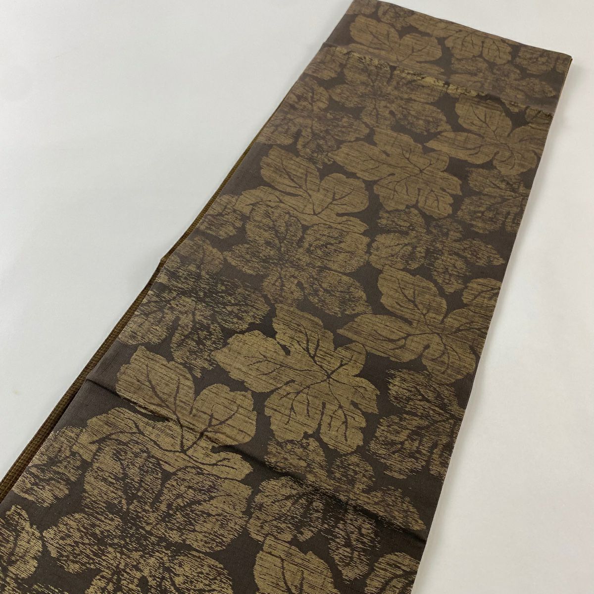 【美品】 袋帶 名品級 附落款 葉柄 金金箔 焦茶 全通 純蠶絲