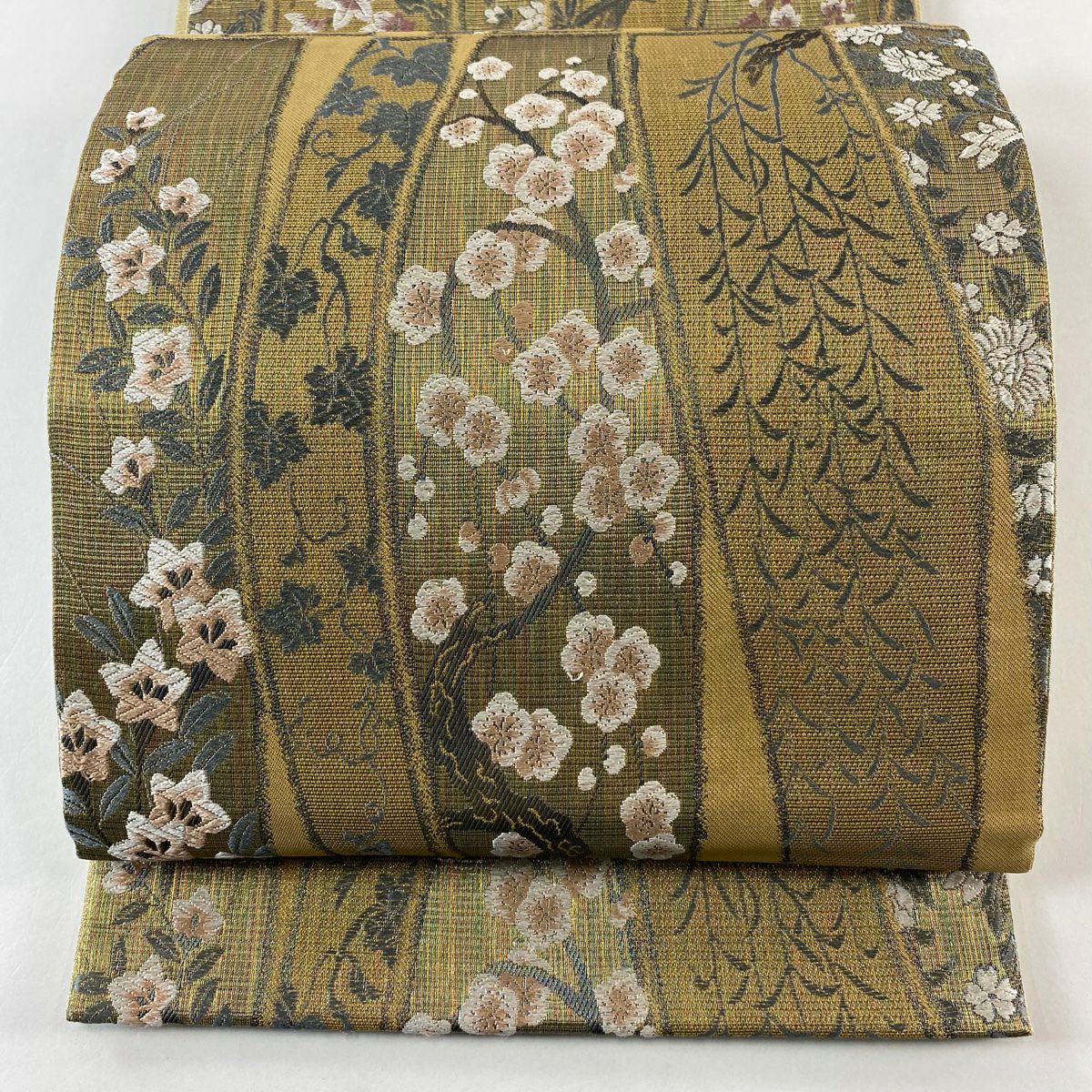 【美品】 袋帶 名品級 竹子梅花 桔梗 金絲 黃土 深色 六通 純蠶絲