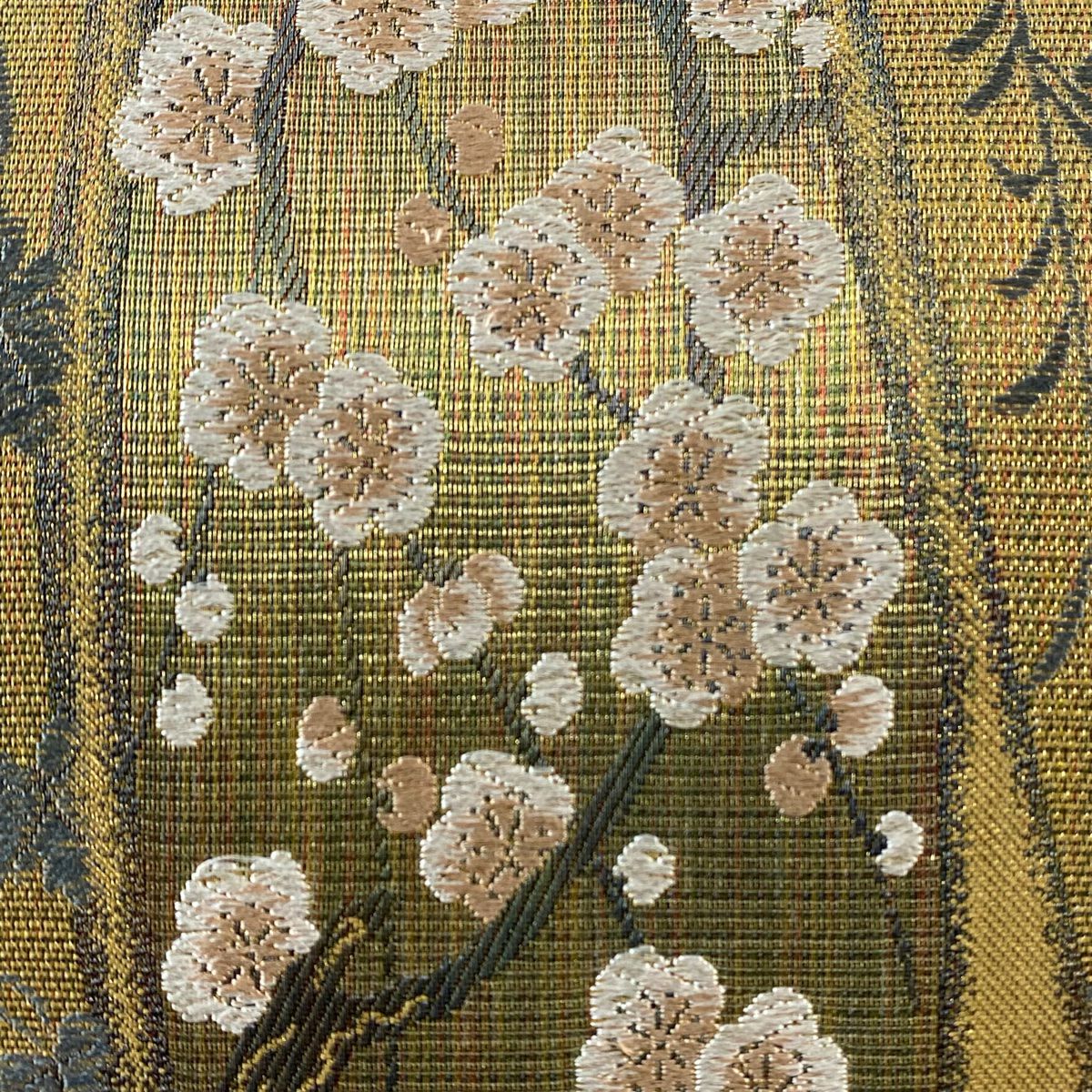 【美品】 袋帶 名品級 竹子梅花 桔梗 金絲 黃土 深色 六通 純蠶絲