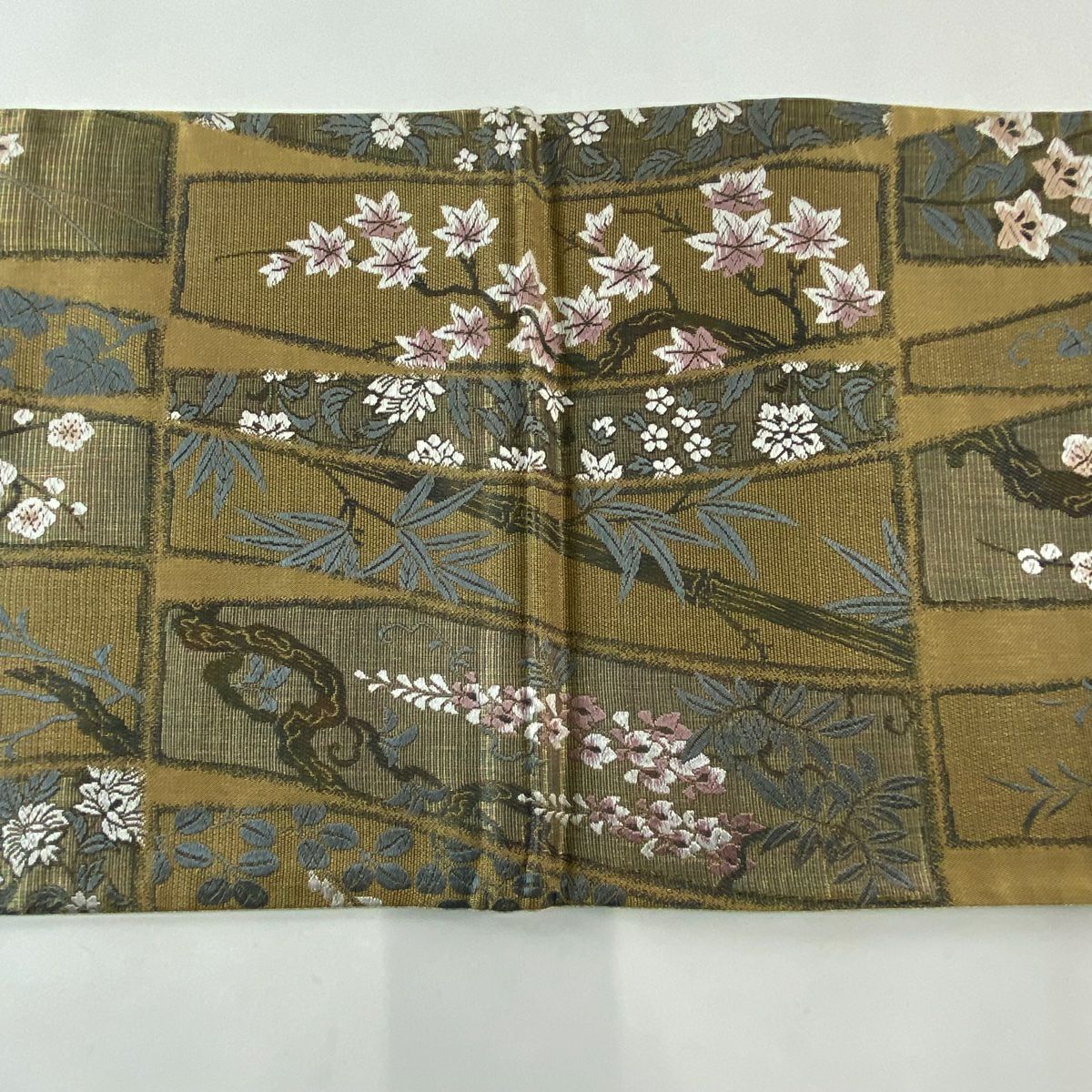 【美品】 袋帶 名品級 竹子梅花 桔梗 金絲 黃土 深色 六通 純蠶絲