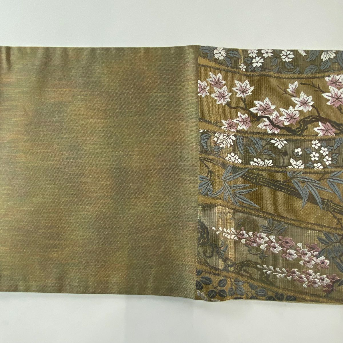 【美品】 袋帶 名品級 竹子梅花 桔梗 金絲 黃土 深色 六通 純蠶絲