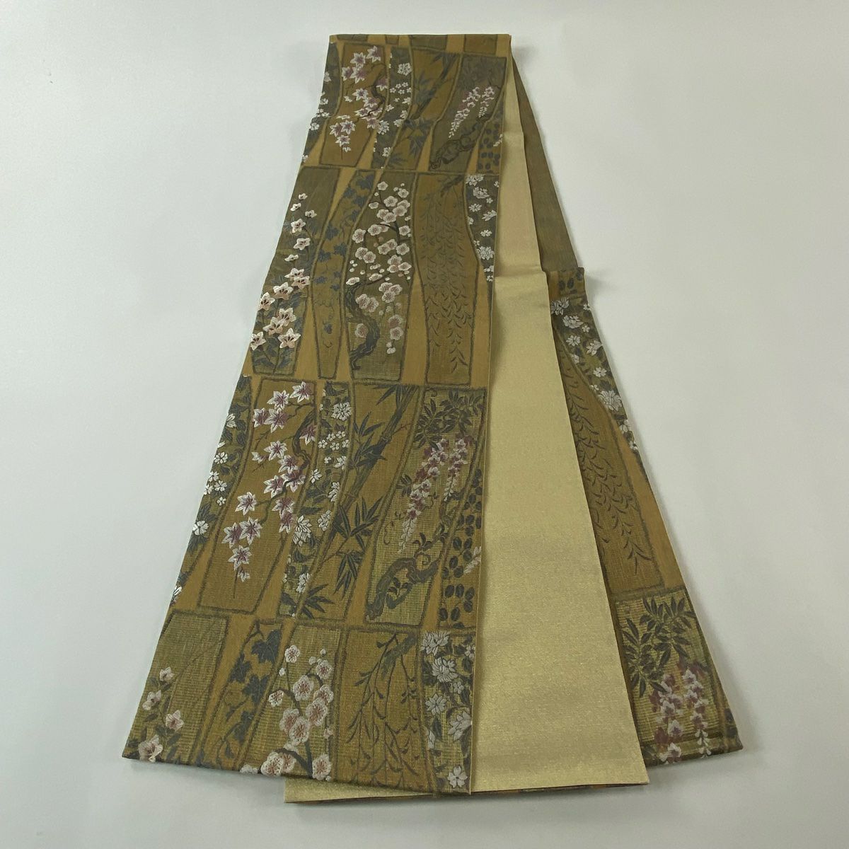 【美品】 袋帶 名品級 竹子梅花 桔梗 金絲 黃土 深色 六通 純蠶絲