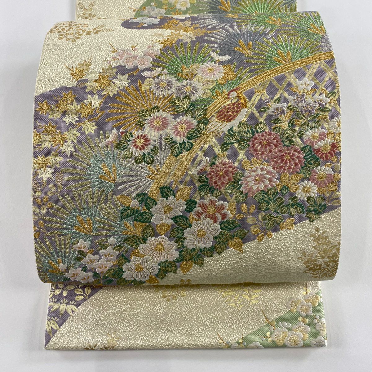 【美品】 袋帶 名品級 松樹梅花 鳥 唐織 金絲 奶油 六通 純蠶絲